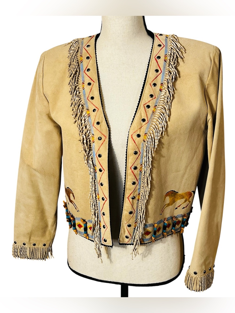 Patricia Wolf Beige Fringed Suede Western-Inspired Jacket Sz-M
